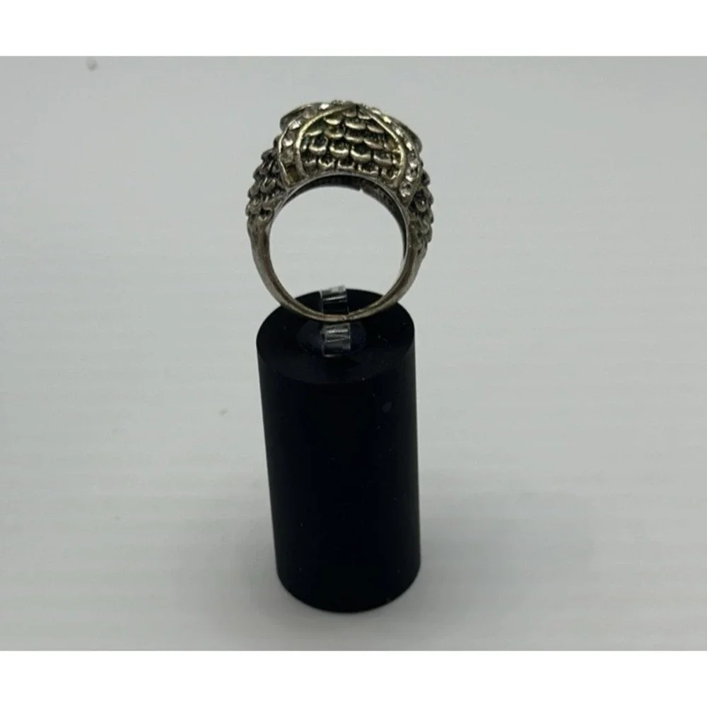 Owl Ring detailed Silver Tone Rhinestone Eyes Statement Ring Size ~5.5‎